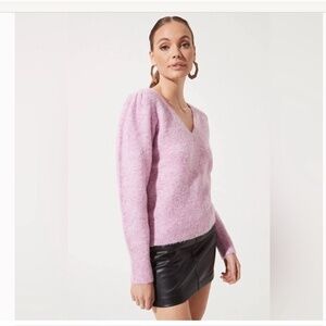 NWT! Sz M Coquette ASTR PINK MARLED PUFF SLEEVE V-NECK SWEATER